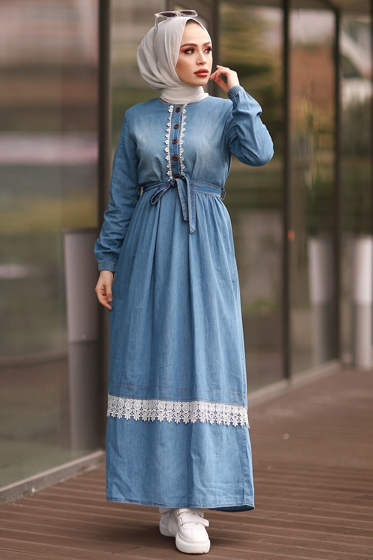 Lace Detailed Denim Dress - Light Blue