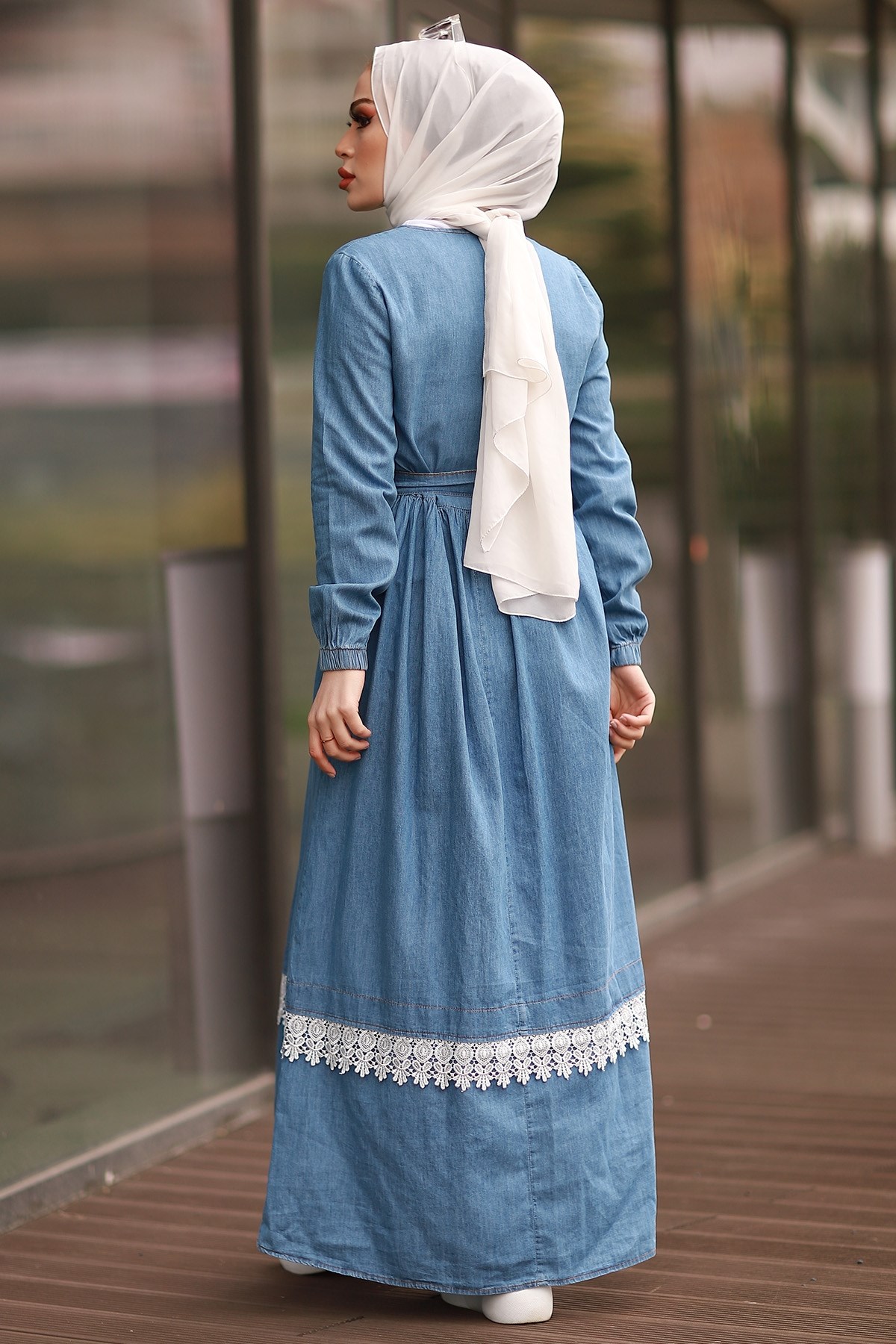 Dantel Detaylı Kot Elbise - Açık Mavi | Modasima.com