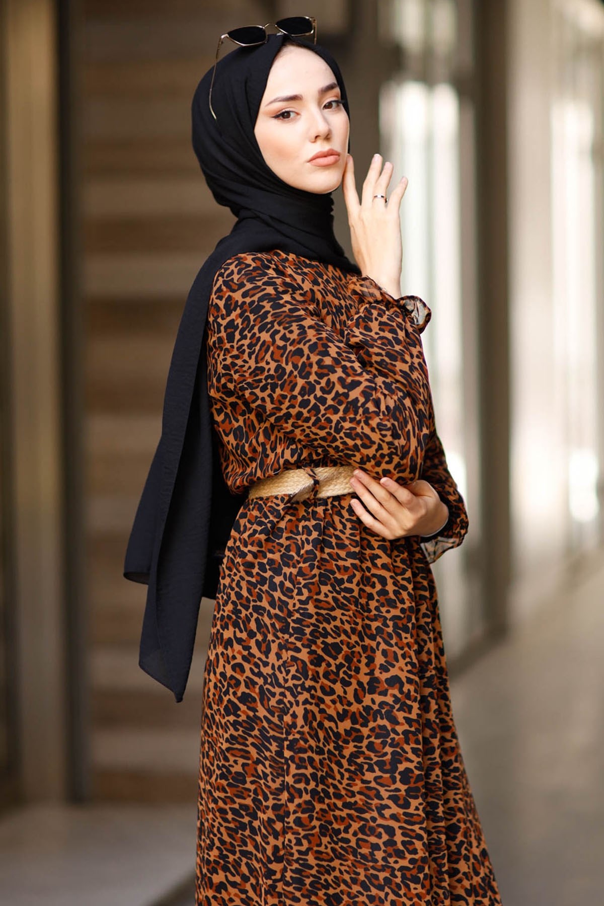 Leopard Patterned Chiffon Dress - Brown