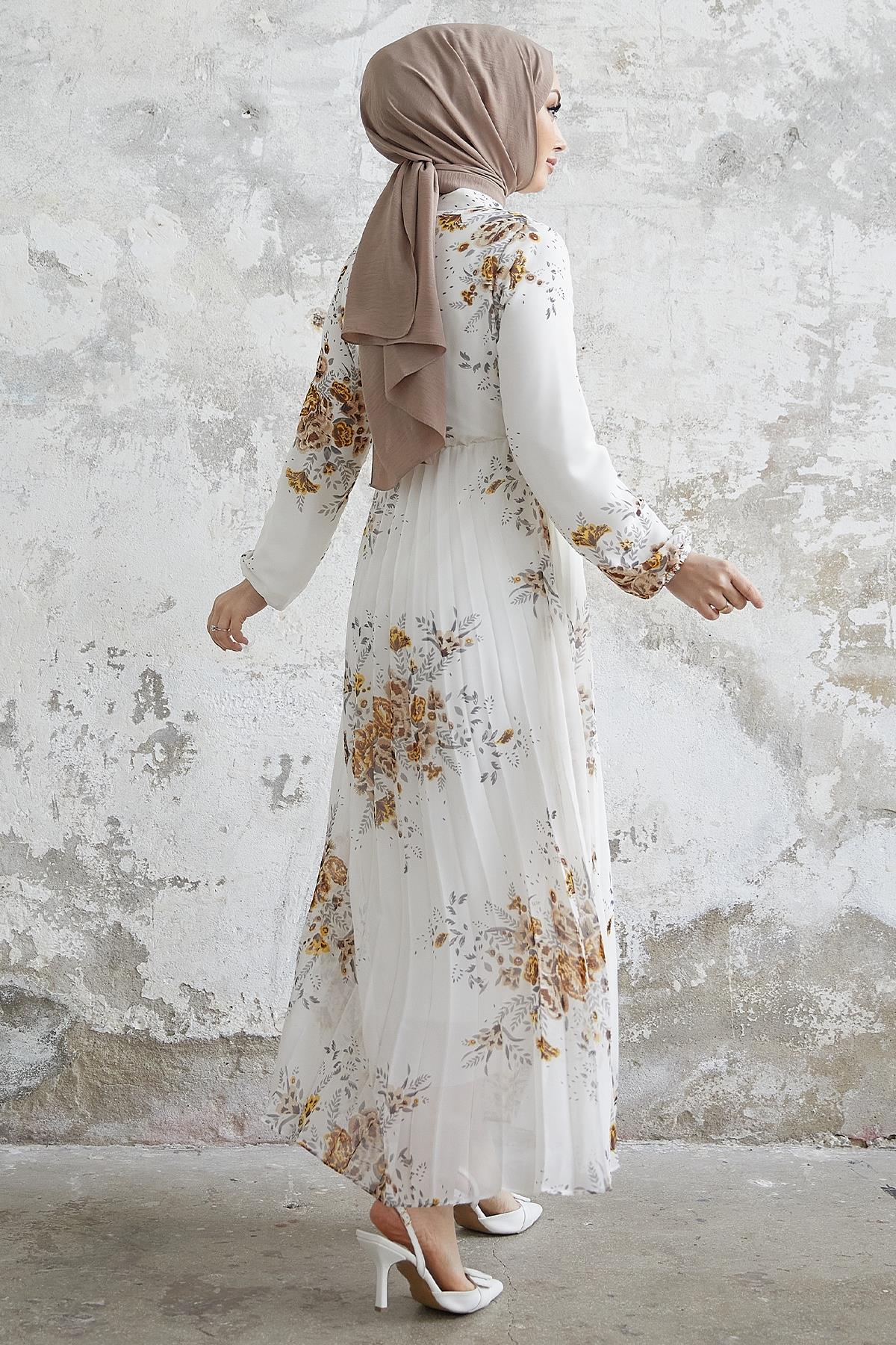 Eyris Çiçek Yakası Kurdale Şifon Elbise - Beyaz | Modasima.com