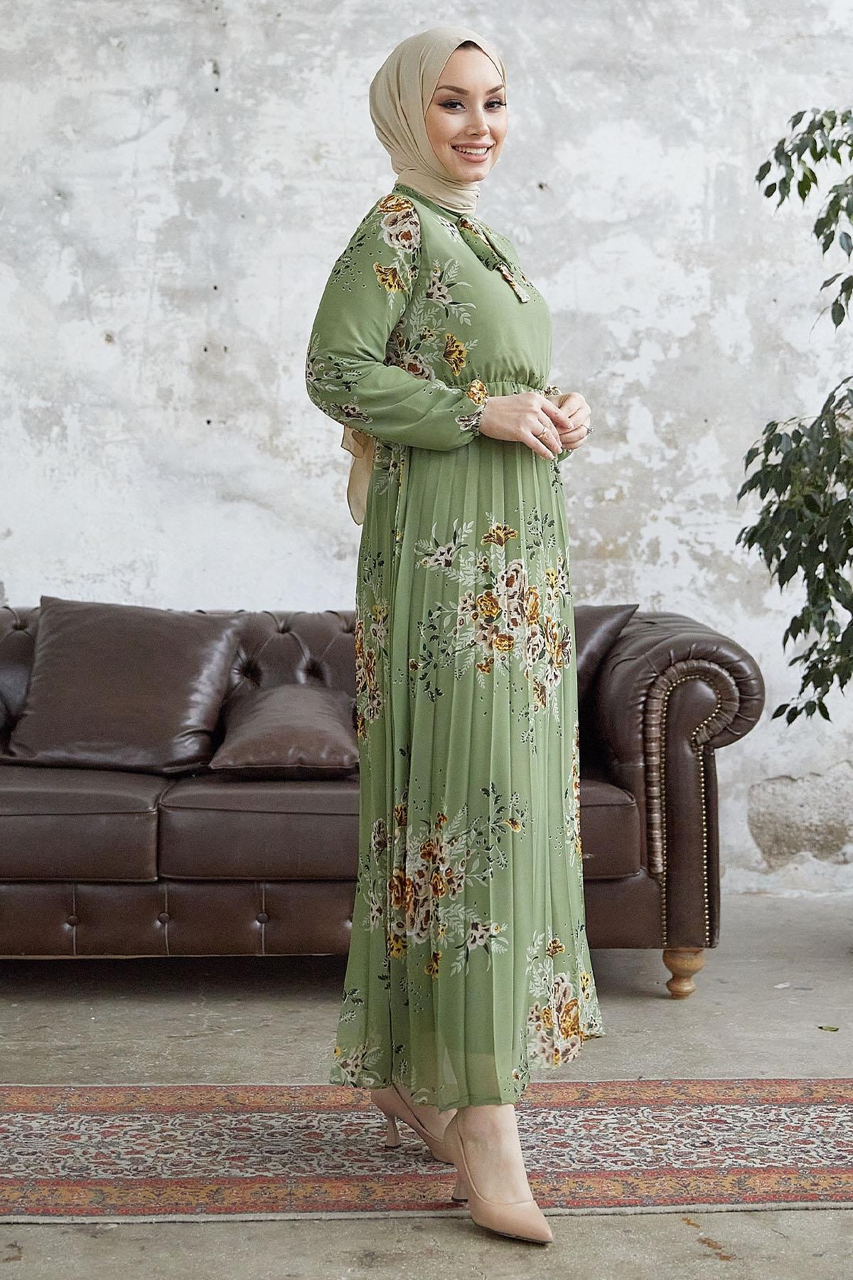 Eyris Çiçek Yakası Kurdale Şifon Elbise - Yeşil | Modasima.com