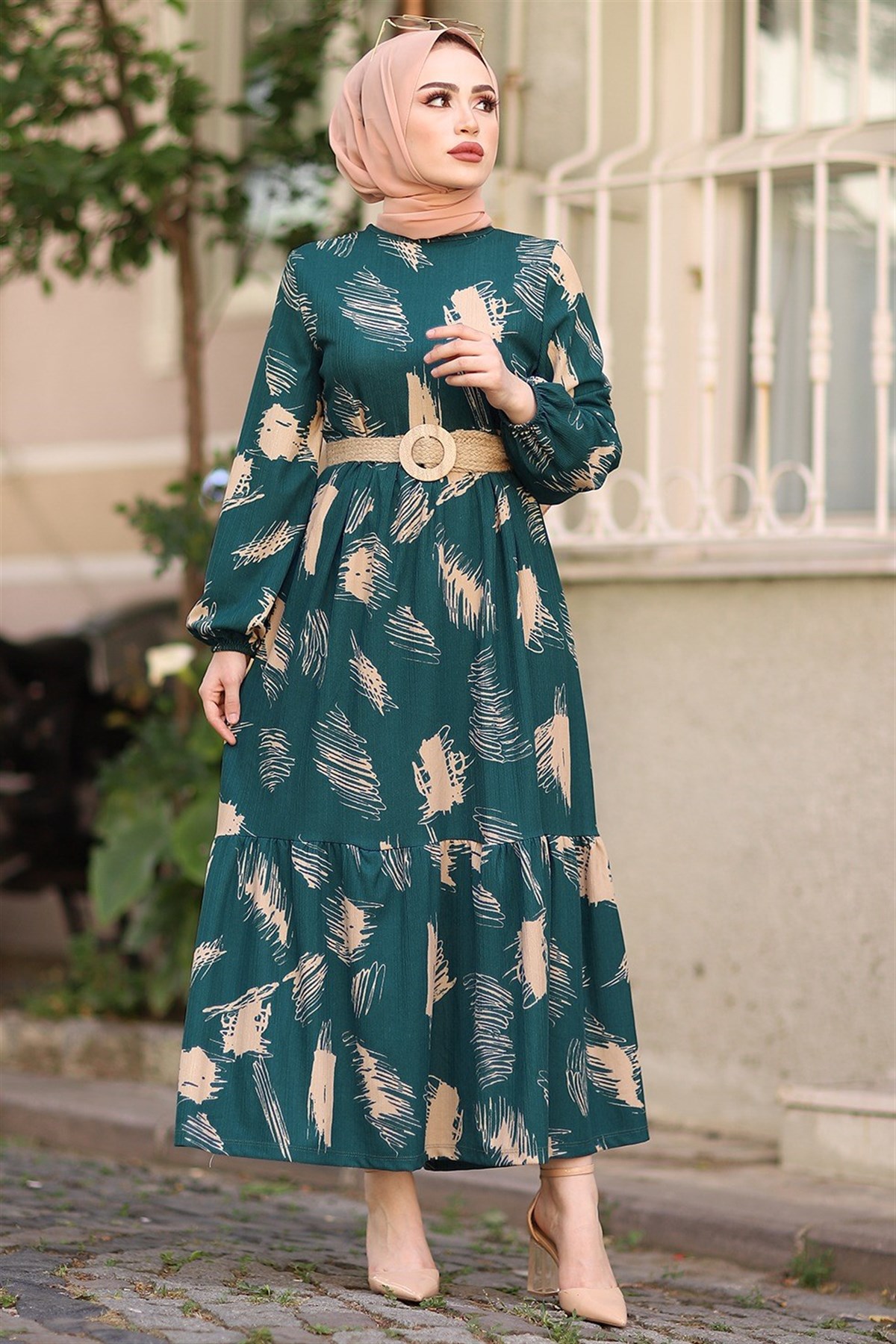 Fırça Desen Kemerli Elbise - Petrol Yeşili | Modasima.com