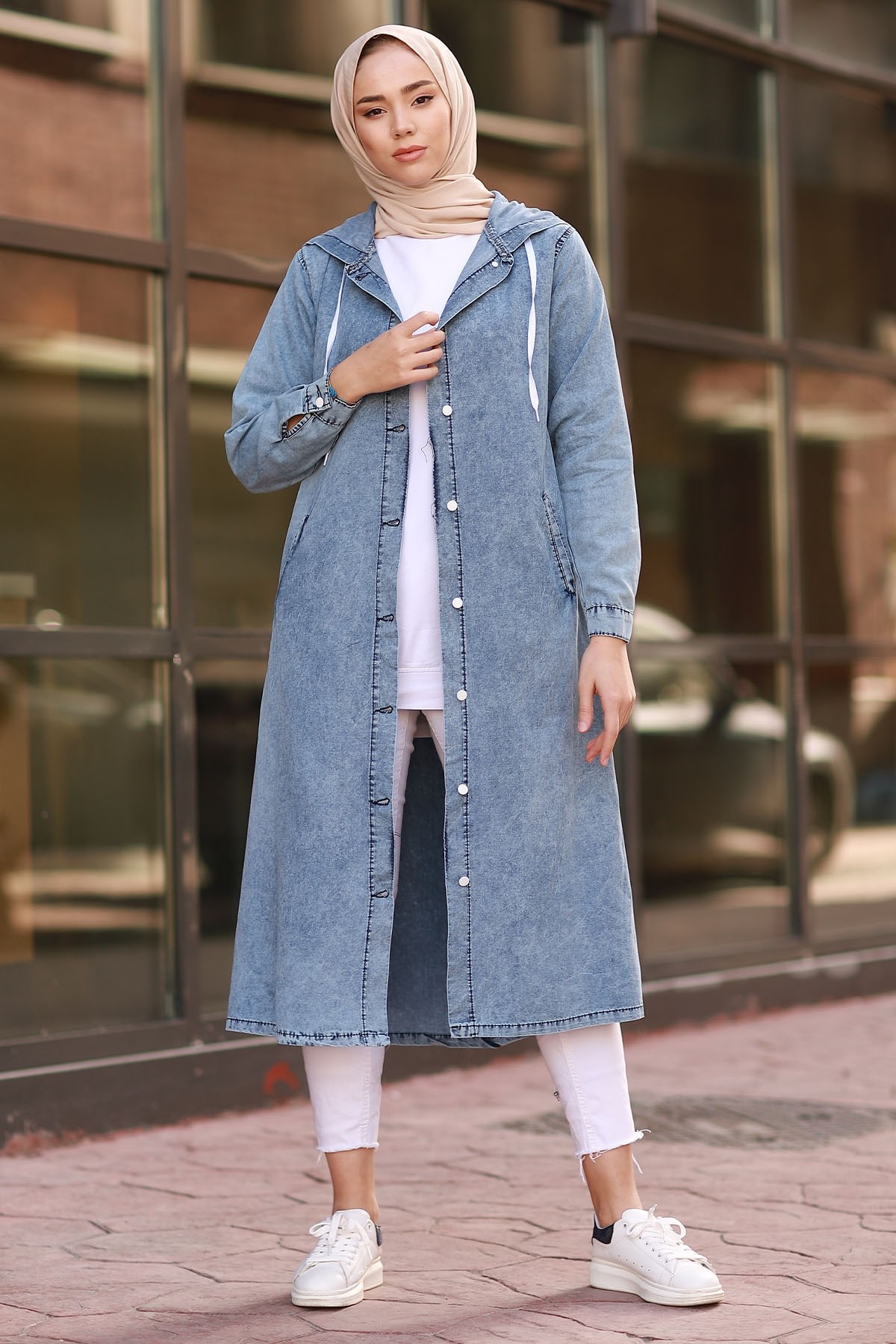 Hooded Buttoned Jeans Cape - Ice Blue