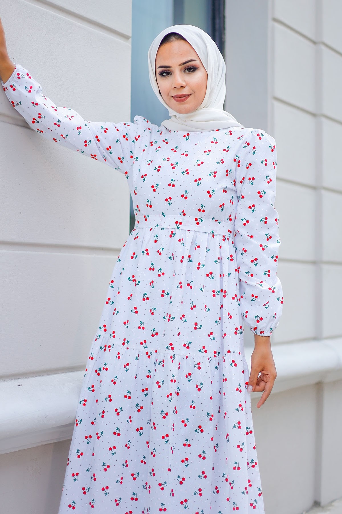 Kiraz Desen Kuşaklı Elbise - Beyaz - Modasima.com