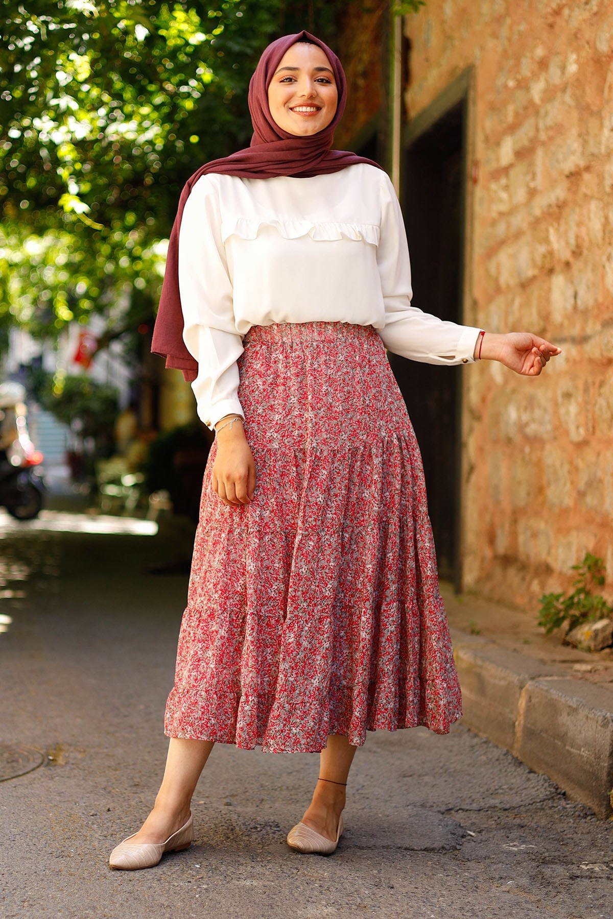 Elastic Crispy Pattern Lined Chiffon Skirt - Khaki