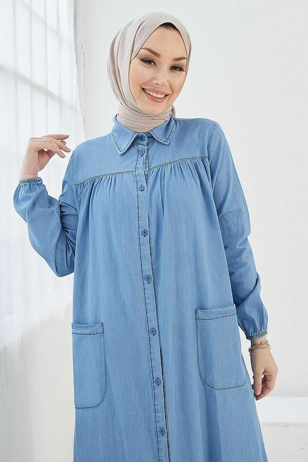 Mayra Yakası Düğmeli Kot Elbise - Açık Mavi