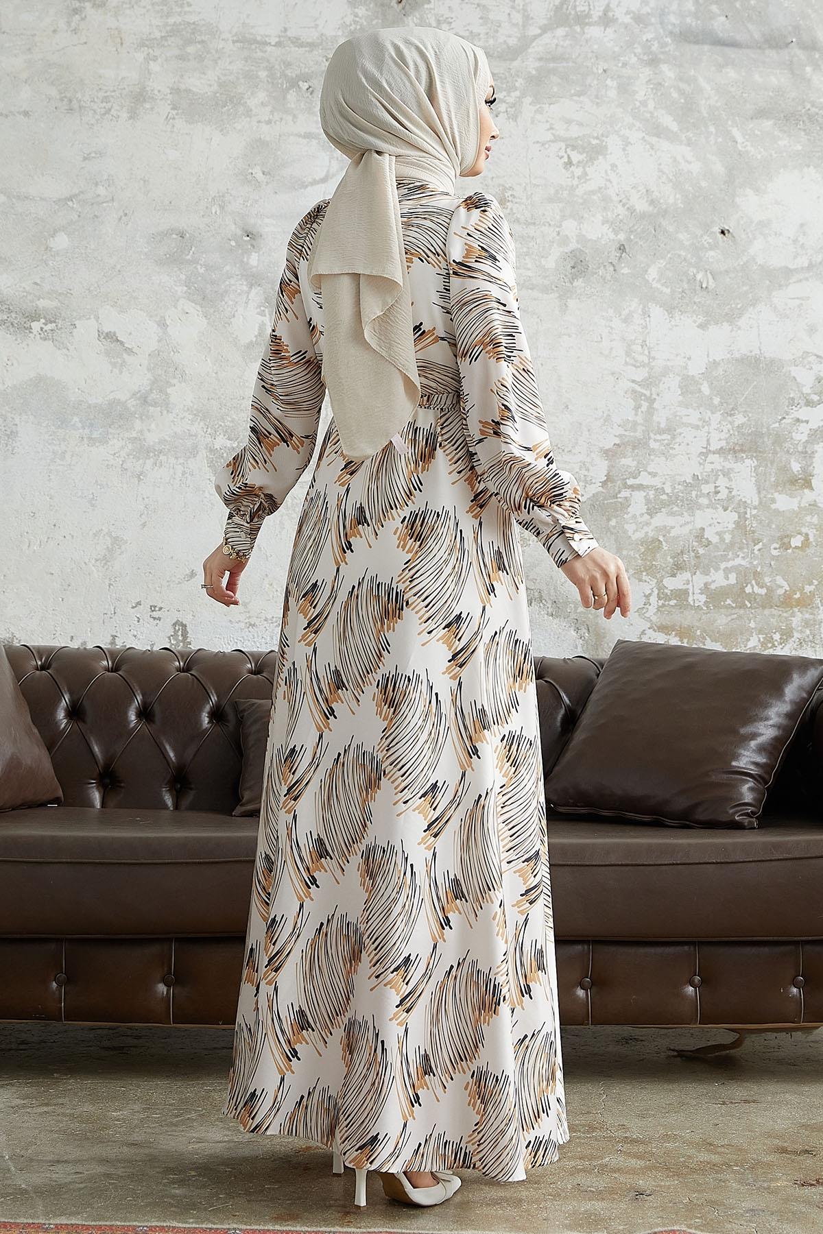 Nori Desenli Kuşaklı Saten Elbise - Hardal | Modasima.com
