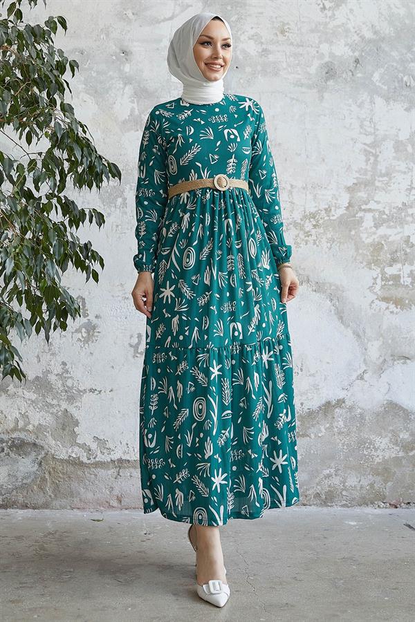 Eslina Desenli Kemerli Elbise - Zümrüt Yeşili