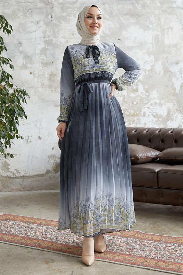 Lovella Desen Kuşaklı Şifon Elbise - Antrasit