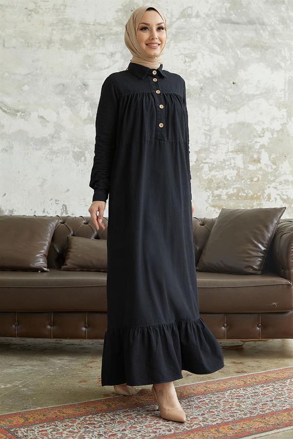 Mandes Robalı Fırfırlı Salaş Kot Elbise - Siyah
