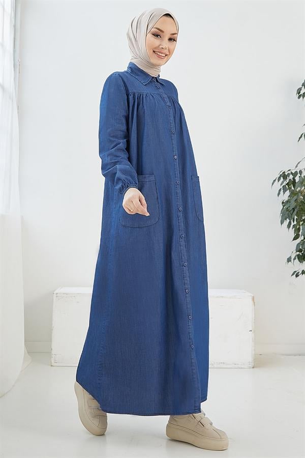 Mayra Yakası Düğmeli Kot Elbise - Mavi