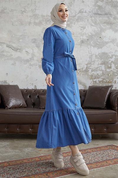 Aravis Eteği Fırfırlı Kuşaklı Kot Elbise - Mavi