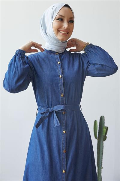 Aravis Eteği Fırfırlı Kuşaklı Kot Elbise - Koyu Mavi