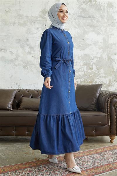 Aravis Eteği Fırfırlı Kuşaklı Kot Elbise - Koyu Mavi