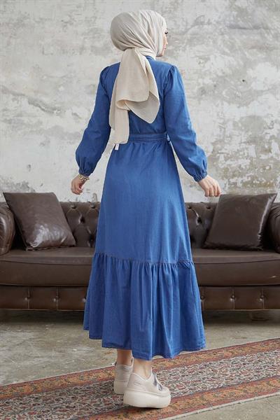 Aravis Eteği Fırfırlı Kuşaklı Kot Elbise - Mavi