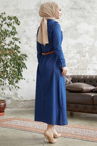 Asela Boydan Düğme Kemerli Kot Elbise - Koyu Mavi
