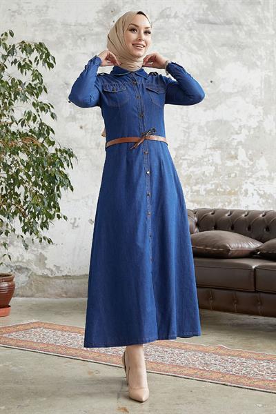 Asela Boydan Düğme Kemerli Kot Elbise - Koyu Mavi