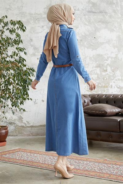 Asela Boydan Düğme Kemerli Kot Elbise - Mavi