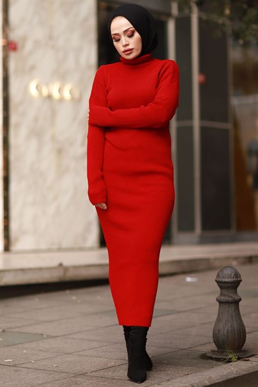Boğazlı Triko Elbise - Kırmızı | Modasima.com