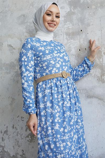 Eliana Kemerli Çiçek Desen Elbise - Mavi