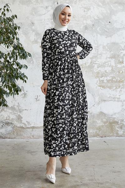 Eliana Kemerli Çiçek Desen Elbise - Siyah
