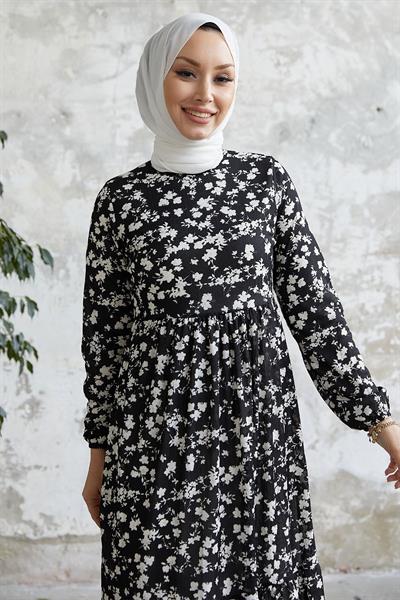 Eliana Kemerli Çiçek Desen Elbise - Siyah