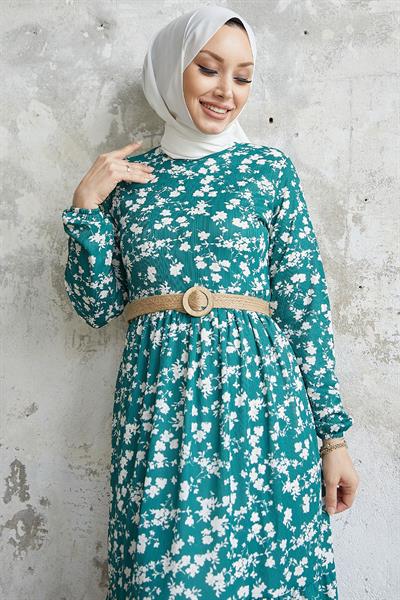 Eliana Kemerli Çiçek Desen Elbise - Zümrüt Yeşili