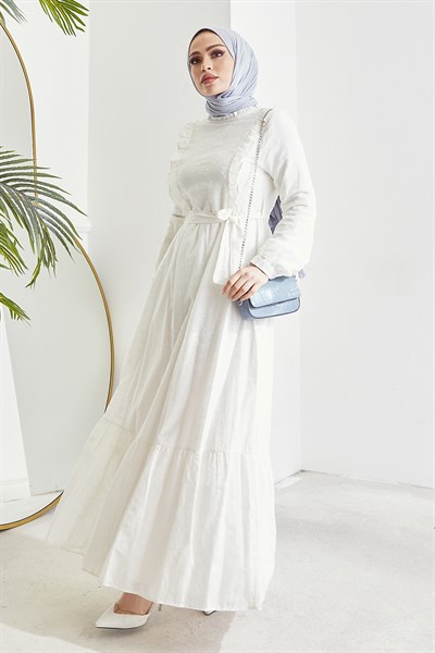 Elya Önü Fırfır Brode Elbise - Beyaz