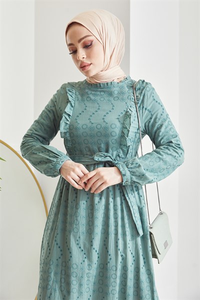 Elya Önü Fırfır Brode Elbise - Mint