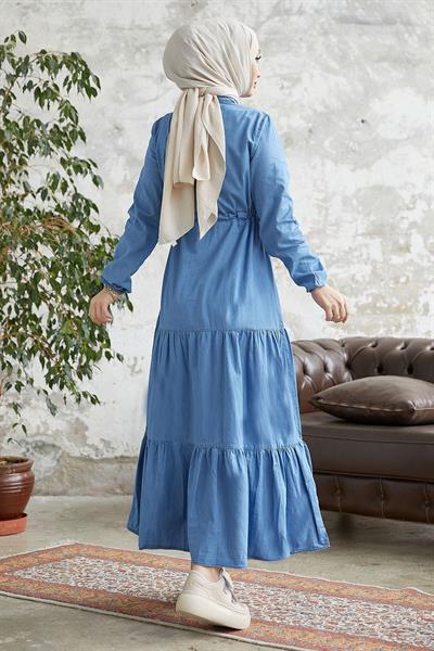 Felen Fırfır Detaylı Kot Elbise - Mavi