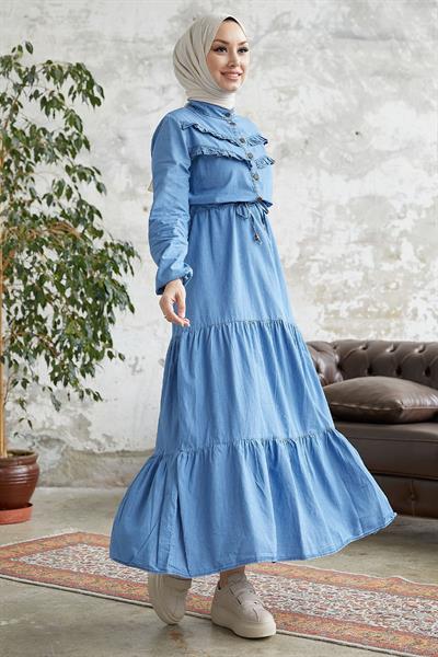 Felen Fırfır Detaylı Kot Elbise - Mavi