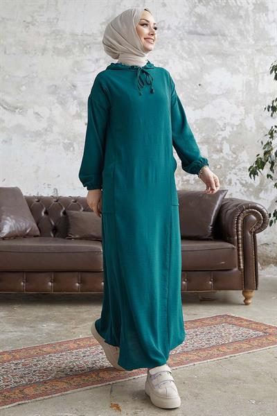 Helya Kapüşonlu Cepli Salaş Elbise - Petrol Mavisi