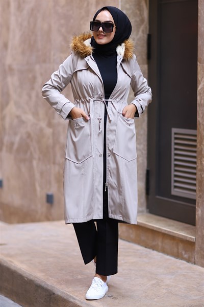 Hooded And Pockets Flap 8085 Coat - Light Beige.