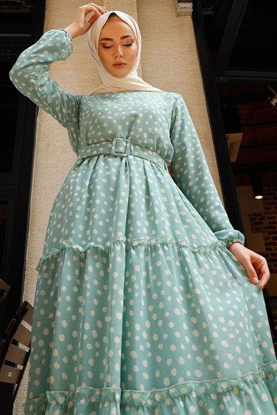 Belted Polka Dot Pattern 2024 Chiffon Dress - Mint
