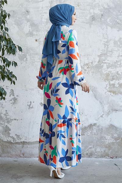 Layana Boydan Düğmeli Viskon Elbise - Mavi