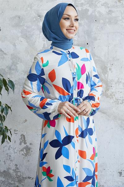 Layana Boydan Düğmeli Viskon Elbise - Mavi