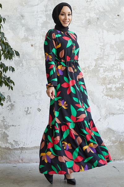 Layana Boydan Düğmeli Viskon Elbise - Siyah