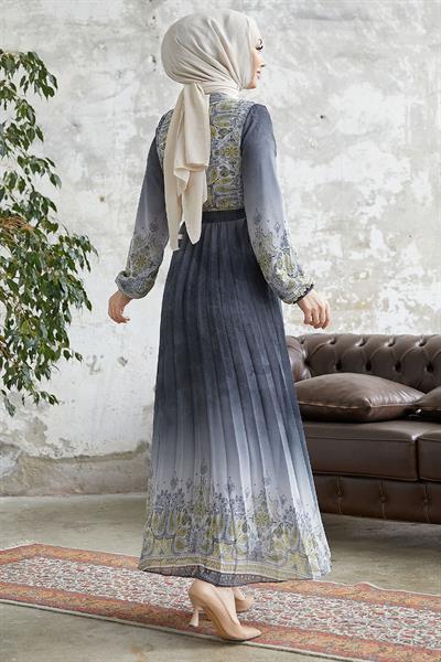 Lovella Desen Kuşaklı Şifon Elbise - Antrasit