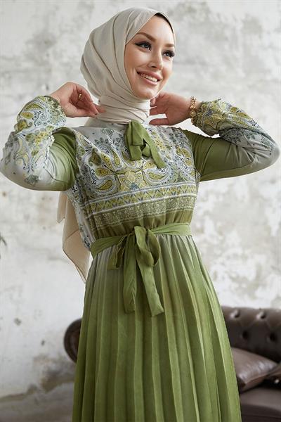 Lovella Desen Kuşaklı Şifon Elbise - Çağla Yeşili