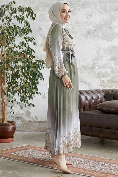 Lovella Desen Kuşaklı Şifon Elbise - Haki