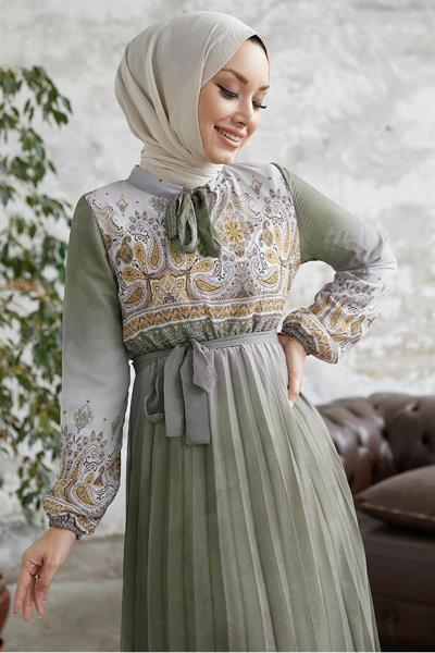 Lovella Desen Kuşaklı Şifon Elbise - Haki
