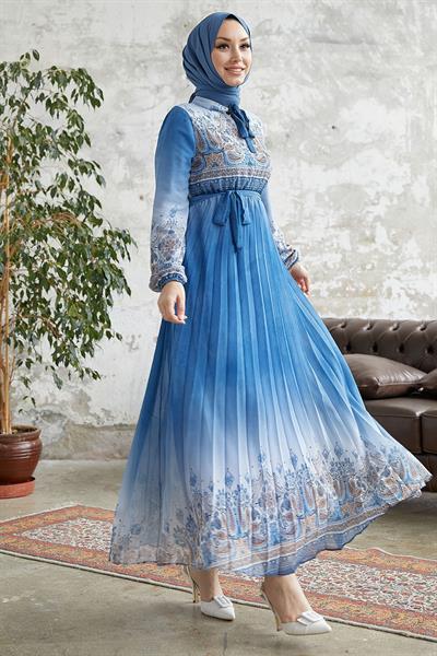 Lovella Desen Kuşaklı Şifon Elbise - İndigo