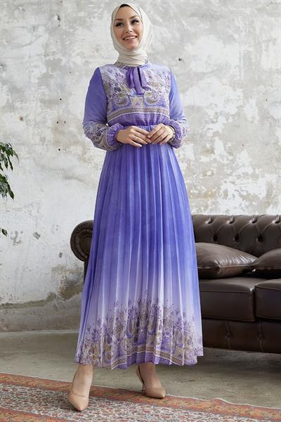 Lovella Desen Kuşaklı Şifon Elbise - Lila
