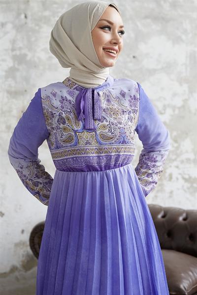 Lovella Desen Kuşaklı Şifon Elbise - Lila