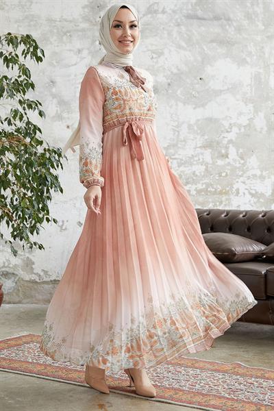 Lovella Desen Kuşaklı Şifon Elbise - Somon