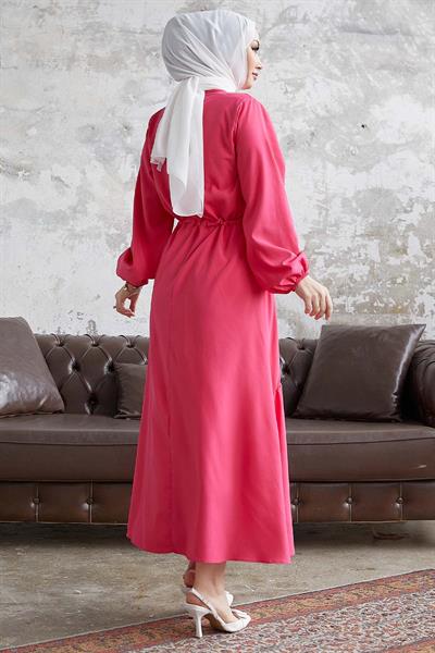 Merya Tünel Kemerli Soft Ayrobin Elbise - Fuşya