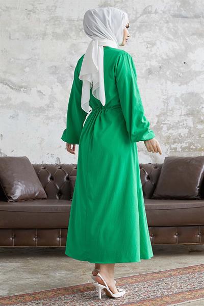Merya Tünel Kemerli Soft Ayrobin Elbise - Yeşil