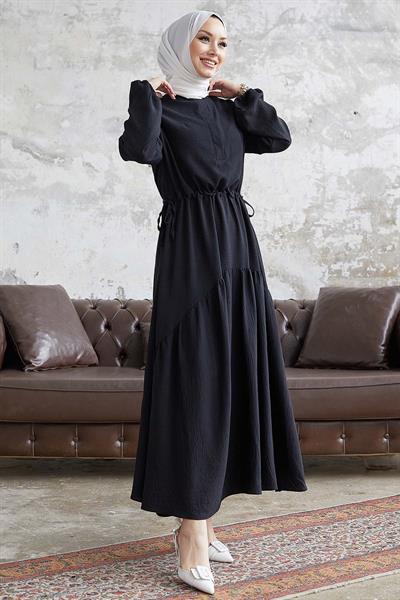 Merya Tünel Kemerli Soft Ayrobin Elbise - Siyah