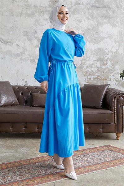 Merya Tünel Kemerli Soft Ayrobin Elbise - Mavi