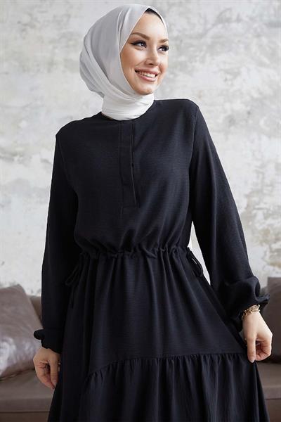 Merya Tünel Kemerli Soft Ayrobin Elbise - Siyah